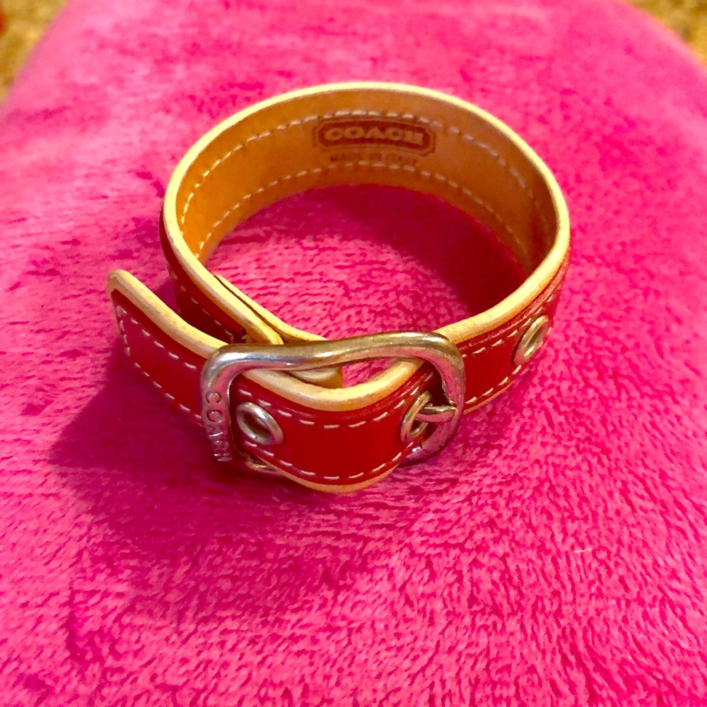 Red and beige leather Coach belt bracelet